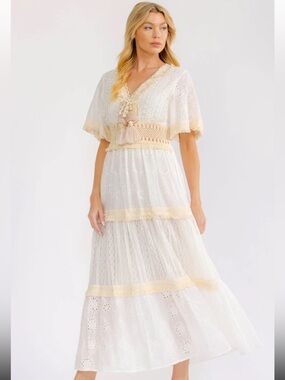 SD2- Boho White Eyelet Maxi Dress with Cream Trim and Tassel Detail